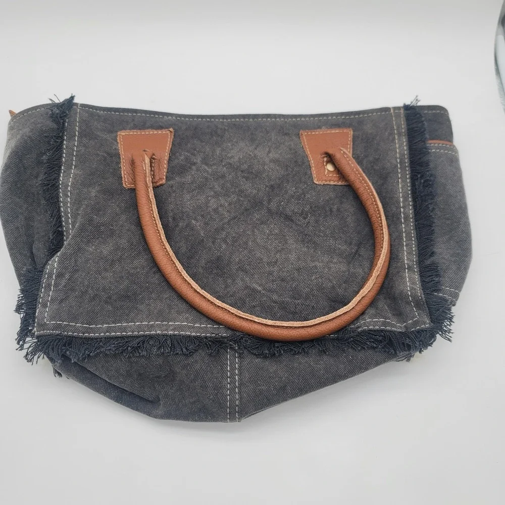 Myra Bag Cowhide Tote Purse Black Canvas Leather Western Boho Cowgirl Concho